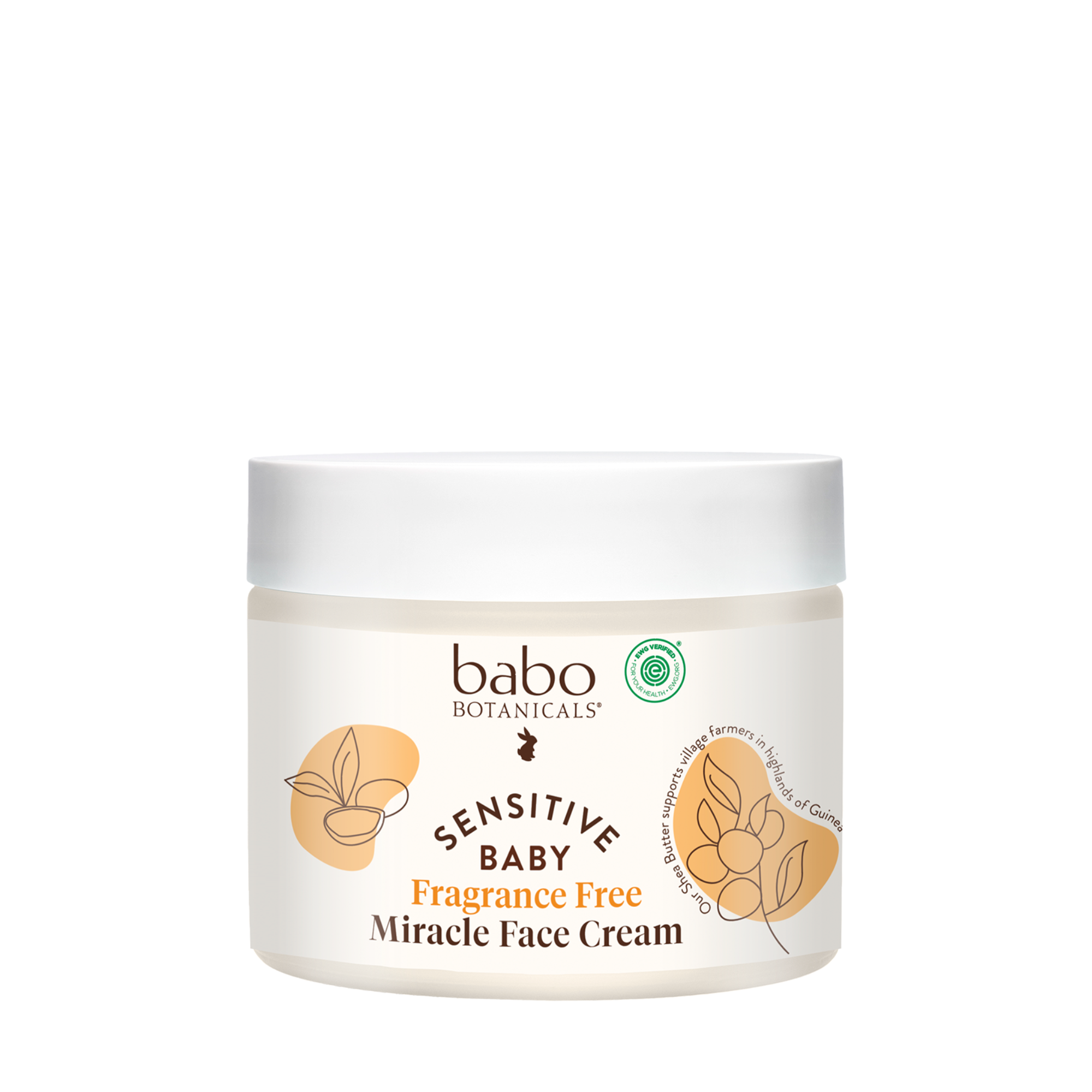 A jar of Sensitive Baby Miracle Cream by Babo Botanicals, perfect for sensitive skin, is fragrance-free and features natural ingredient illustrations on a white background.