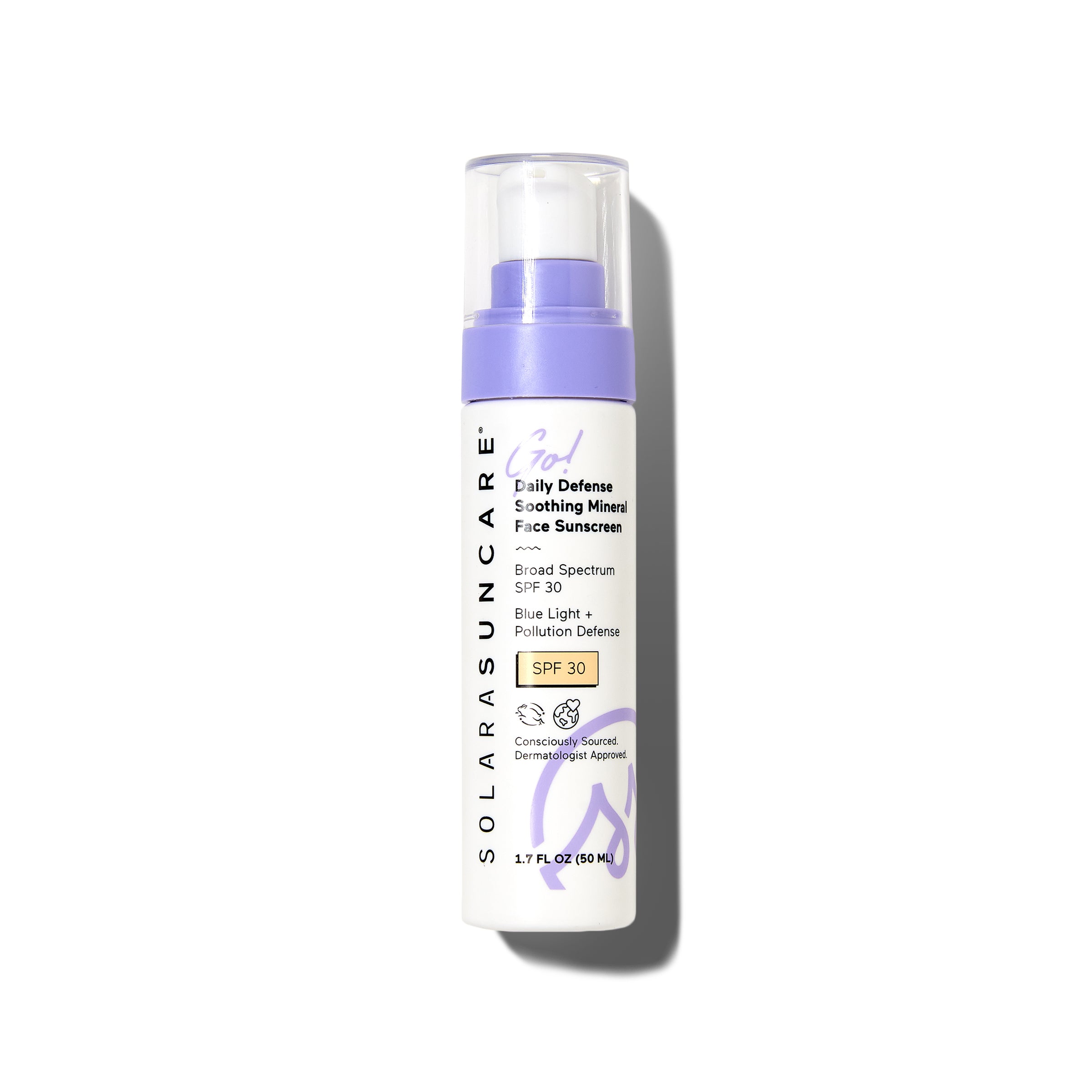 A white and lavender pump bottle of Solara Suncare Daily Defense Soothing Daily Moisturizer, SPF 30, for sensitive skin with blue light and pollution defense claims sits on a white background—ideal as a daily face moisturizer.
