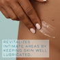 A close-up of a hand applying Alubri Intimate Serum - Hydrating & Soothing Care for Delicate Skin Balance, with text: Hydrates and soothes intimate skin to help maintain balance and lasting comfort.