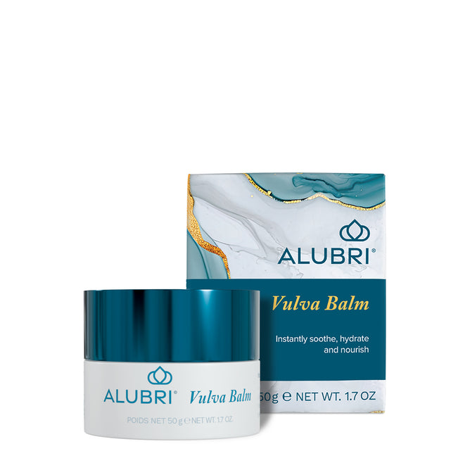 A 50g (1.7 oz) jar and box of Alubri Hydrating Intimate Serum for Vulvar Skin, with a teal and gold design, instantly soothes, hydrates, and nourishes vulvar skin—ideal for relieving menopausal dryness.
