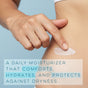 A person applies Alubri Hydrating Intimate Serum for Vulvar Skin to their side. Text overlay: Daily serum comforts, hydrates, and protects vulvar skin from dryness. The background is soft blue.