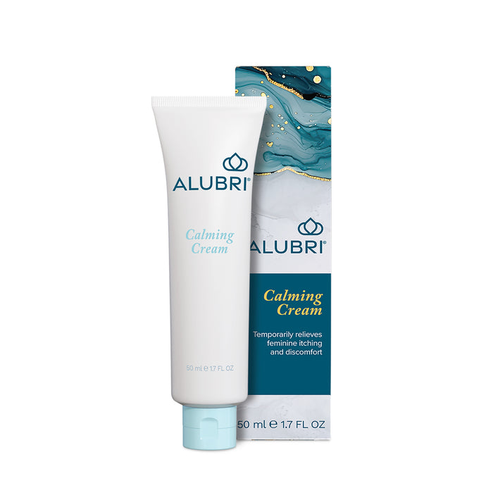 A tube and box of Alubri Calming Intimate Cream for Itching & Sensitive Skin, an external analgesic that temporarily relieves feminine discomfort. The teal and gold packaging highlights gentle care. Tube: 50 ml (1.7 fl oz).