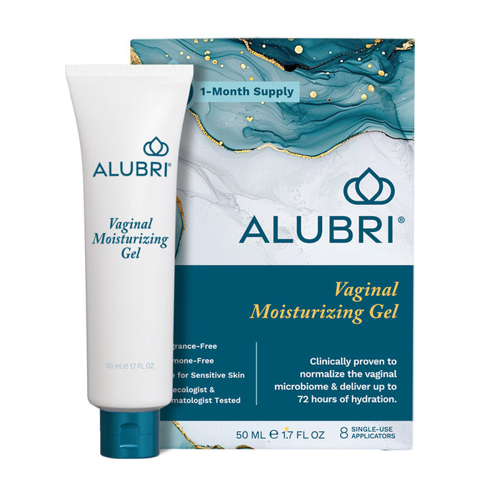 A tube and box of Alubri Internal Vaginal Moisturizing Gel for Dryness & Comfort, fragrance-free and hormone-free, supports the vaginal microbiome and sensitive skin, providing up to 72 hours of hydration in blue and gold packaging.
