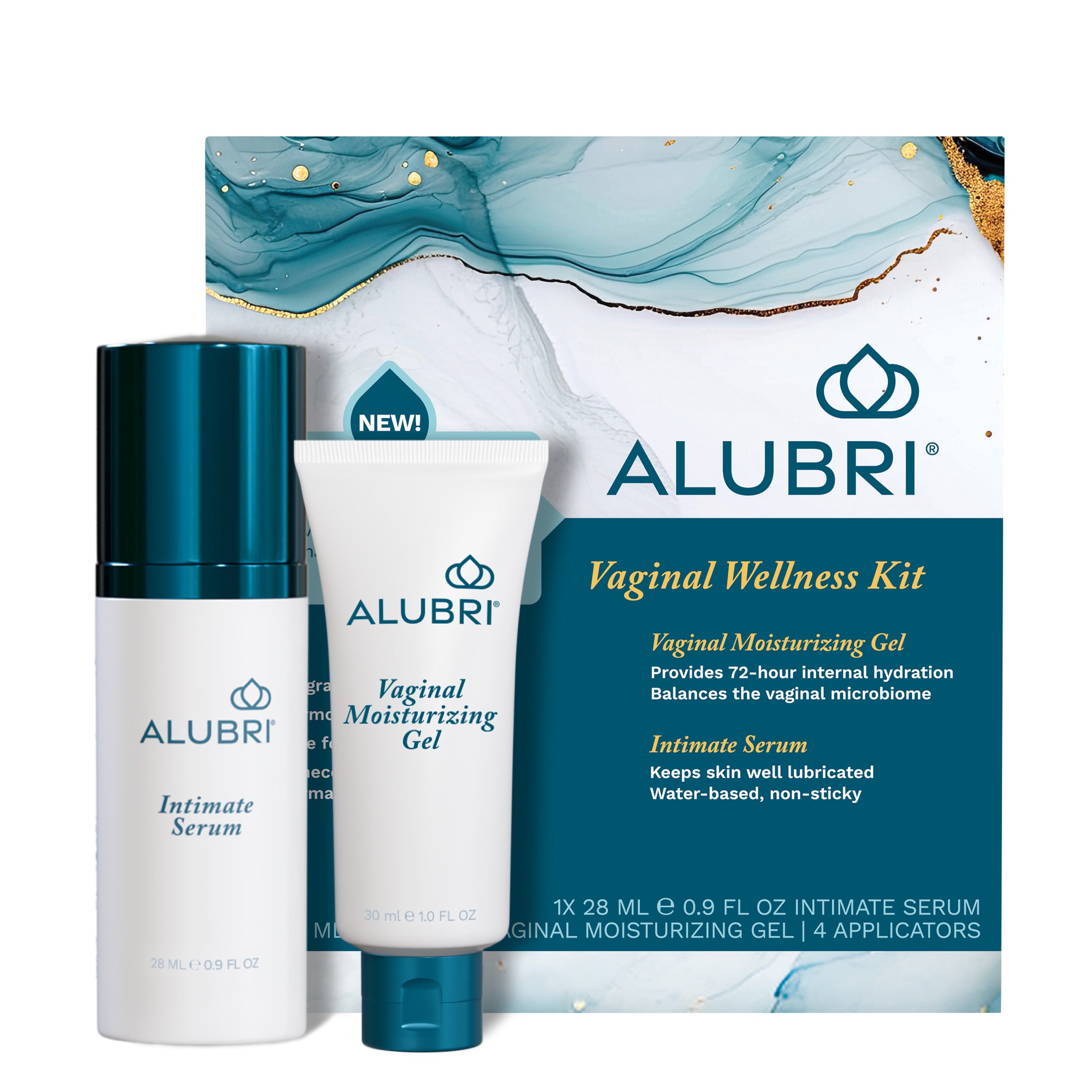 The Alubri 2-Step Vaginal Wellness Kit for Dryness & Discomfort includes an Intimate Serum and a moisturizing gel, displayed before a teal, gold, and white marble box featuring the product's details. Perfect for relieving intimate discomfort.