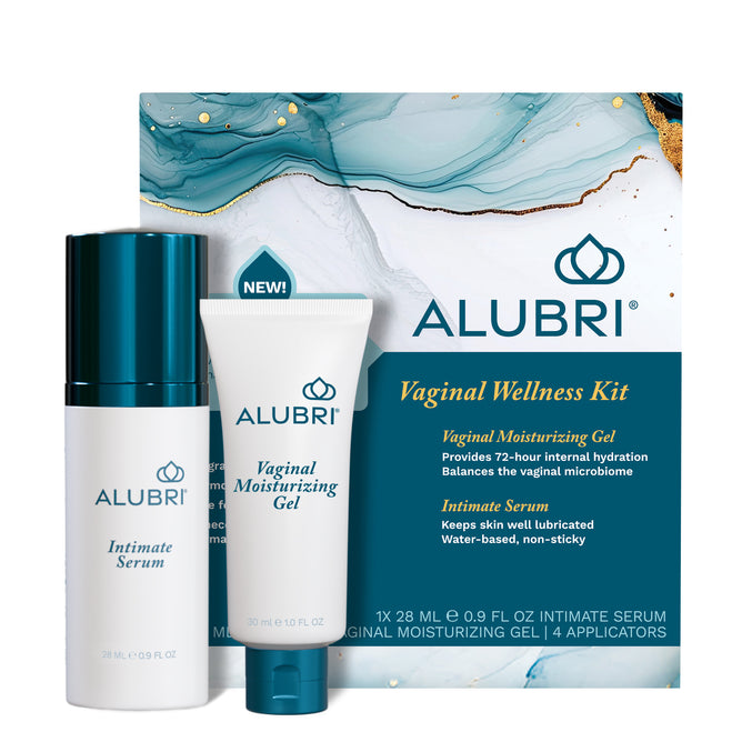 The Alubri 2-Step Vaginal Wellness Kit for Dryness & Discomfort includes an Intimate Serum and a moisturizing gel, displayed before a teal, gold, and white marble box featuring the product's details. Perfect for relieving intimate discomfort.