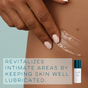 A hand applies a clear serum to bare skin with text: Revitalizes intimate areas by keeping skin comfortable. A small bottle labeled "Alubri 2-Step Vaginal Wellness Kit for Dryness & Discomfort" appears in the bottom right corner.