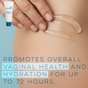 A hand applies clear gel to skin. A tube labeled Alubri 2-Step Vaginal Wellness Kit appears in the top left. Text below: “Promotes vaginal health and hydration for up to 72 hours—relieves dryness and discomfort.”.