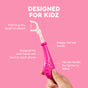 A hand holds a Radius Kids EcoFlex™ floss pick with a grippy pink handle, shown on a pink background with text highlighting its gentle, ergonomic, and reversible features for easy use. Designed to be safe and comfortable for little hands, this eco-friendly Kids EcoFlex™ Refill Bag promotes sustainable oral care habits.