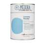 A canister labeled Meliora Laundry Powder Canister (unscented) displays its ingredient list and product details. The label features a blue oval design and text indicating that it is a preservative-free, eco-friendly laundry detergent, which is plastic-free, dye-free, and concentrated.
