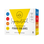 A box of Supernatural Everyday Food Color, 100% plant-based food colors in blue, red, orange, and yellow. The packaging shows vibrant hues with a sun logo and promotes vegan, gluten-free ingredients.