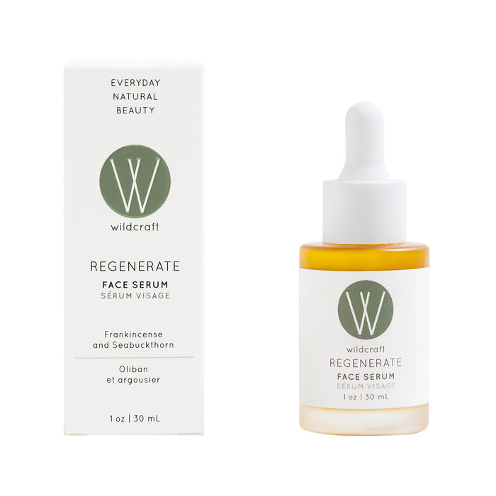A 1 oz (30 ml) bottle of Wildcraft Regenerate Face Serum with a dropper cap is shown beside its box, which highlights anti-aging ingredients like frankincense and seabuckthorn.