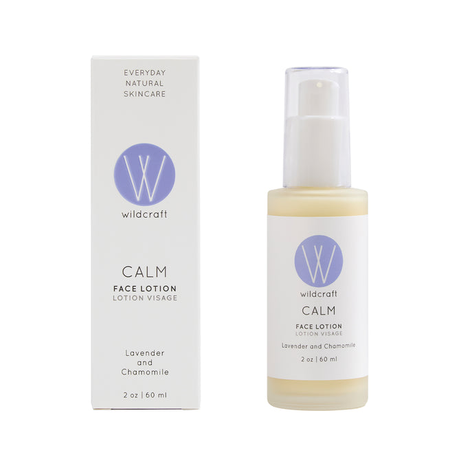 A 2 oz (60 ml) bottle of Wildcraft Calm Face Lotion sits beside its white box, both displaying a purple circle with the Wildcraft logo and product details.