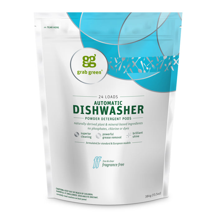 Grab Greens white and teal Automatic Dishwasher Detergent Pods for 24 loads offer safe household cleaning. Theyre fragrance-free with natural ingredients and contain no phosphates, chlorine, or dyes. The package emphasizes their cleaning power, grease removal, and shine enhancement.
