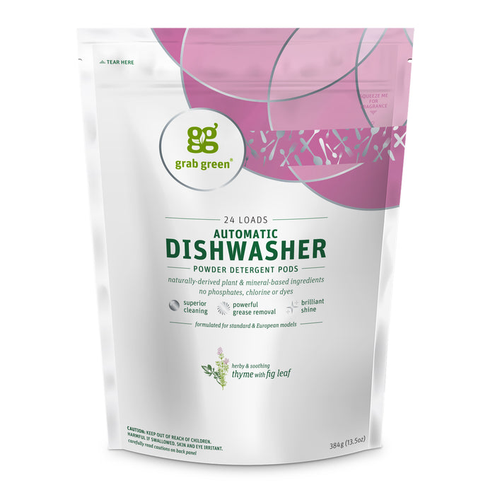 The Grab Green Automatic Dishwasher Detergent Pods in a white and pink package offer 24 loads of non-toxic, naturally-derived powder pods. They ensure superior cleaning without phosphates, chlorine, or dyes and feature a thyme and fig leaf scent.