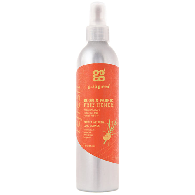A 7 fl oz (207 ml) silver spray bottle features an orange label with grab green at the top. This Room and Fabric Freshener - Tangerine with Lemongrass has a natural deodorizer blend of tangerine, lemongrass, and essential oils, equipped with a spray nozzle.