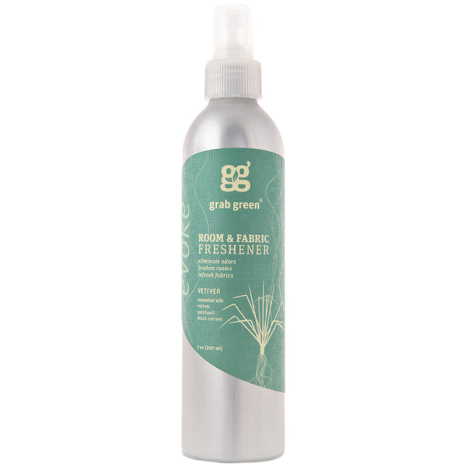 The grab green Room and Fabric Freshener - Vetiver, in a silver 7 oz (207 ml) bottle with a green label and white text, neutralizes odors using essential oils for a natural refresh of fabrics.