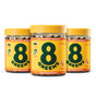 Three jars of 8Greens Super Greens Gummies - Fiber (Multi-Packs) are lined up, each sporting a yellow label with bold dark green text. They aid fiber, gut health, and metabolism, featuring tangelo flavor highlighted by vivid fruit illustrations.