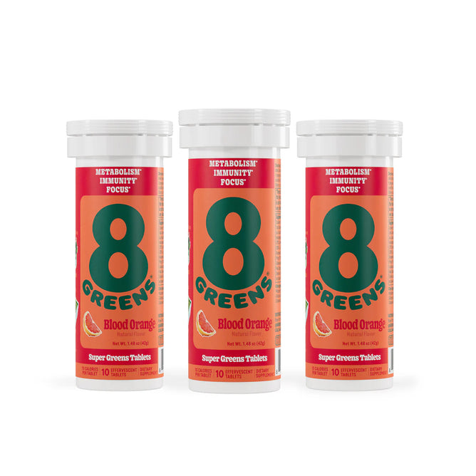 Three red and white tubes of 8Greens Super Greens Tablet Blood Orange (Subscription) feature a vibrant label with a blood orange slice, promoting metabolism support, immunity boost, enhanced focus, and vitality.