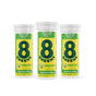 Three 8Greens Super Greens Tablet - Lemon Lime bottles are side by side, featuring green and yellow packaging with 8 GREENS text. Labeled for immunity support, metabolism, and focus, these tablets offer a boost in every serving. Each cylindrical bottle contains 10 tablets.
