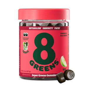 The 8Greens Super Greens Gummies - Apple features a red lid and label, promoting benefits like boosting metabolism, enhancing immunity, and improving focus. The label showcases the apple flavor with two gummies visible at the base for an enticing preview.