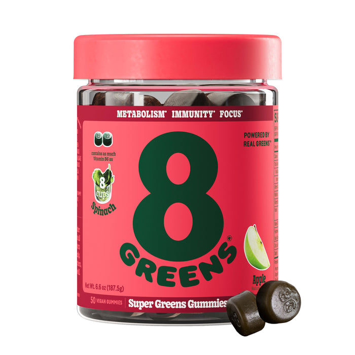 The 8Greens Super Greens Gummies - Apple features a red lid and label, promoting benefits like boosting metabolism, enhancing immunity, and improving focus. The label showcases the apple flavor with two gummies visible at the base for an enticing preview.