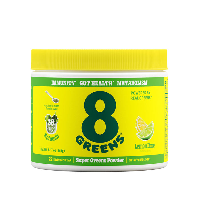 The 8Greens Super Greens Powder Tub in lemon lime flavor supports immunity, metabolism, and digestion with pre- and probiotics. Each serving equals 38 spinach cups. The bright yellow container holds 25 servings, net weight 6.17 oz (175g).