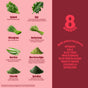 Infographic featuring images and descriptions of spinach, kale, wheatgrass, barley grass, aloe vera, blue green algae, chlorella, and spirulina. Highlights their immunity-boosting benefits under 8Greens branding. Mentions Super Greens Gummies - Apple (QVC) for convenient on-the-go consumption.