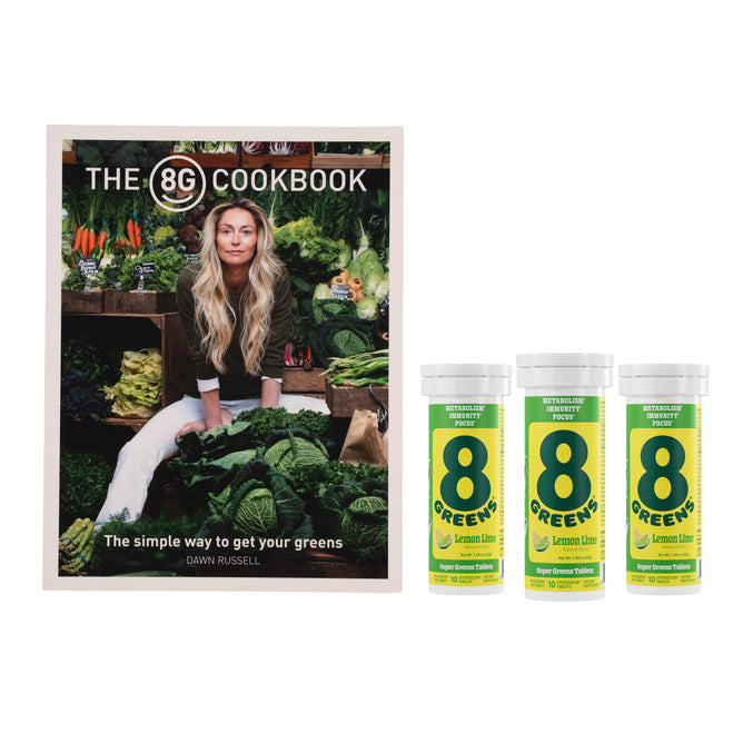 The 8Greens Cookbook Bundle by 8Greens features a cookbook with a vibrant cover and comes with three tubes of Super Greens Tablets, perfect for anyone passionate about healthy living.