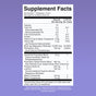 MaryRuth's Hair Growth Max Liposomal Supplement Facts label on a purple background shows serving size, calories, nutrients, ingredients with amounts per serving for hair thickness and skin smoothness, daily values, and allergen notes.