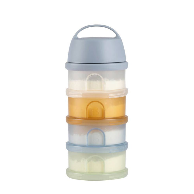 The BEABA Four Compartment Formula Snack Container features stacked, round compartments in gray, orange, and green, each filled with white powder. With a convenient handle on top, this portable container is designed as a stackable formula dispenser or snack storage solution.