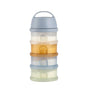 The BEABA Four Compartment Formula Snack Container features stacked, round compartments in gray, orange, and green, each filled with white powder. With a convenient handle on top, this portable container is designed as a stackable formula dispenser or snack storage solution.