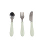 Three pieces of the BEABA Stainless Steel Toddler Cutlery Set—a spoon, fork, and knife—featuring shiny stainless steel tops and white handles, are arranged vertically side by side against a plain white background. These ergonomic kids utensils are designed for comfort and ease of use.