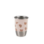 The BEABA Stainless Steel Learning Cup, Click & Drink, features a compact design with a light pink exterior adorned with scattered brown heart shapes. Spill-proof and easy for little hands to hold, this cup is perfect for everyday use.