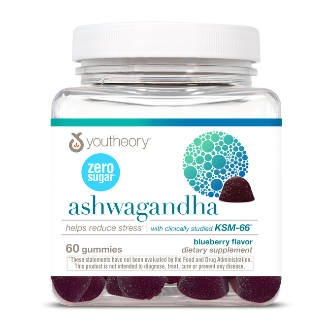 A clear bottle of Youtheory Ashwagandha Zero Sugar Gummy contains 60 blueberry-flavored gummies with clinically studied KSM-66 ashwagandha for stress relief.