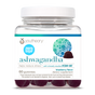 A clear bottle of Youtheory Ashwagandha Zero Sugar Gummy contains 60 blueberry-flavored gummies with clinically studied KSM-66 ashwagandha for stress relief.