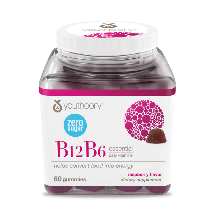 A clear jar of Youtheory B12B6 Daily Vitamins Zero Sugar Gummy features a white lid and label with a raspberry-colored gummy. Contains 60 raspberry flavor gummies to support energy production, labeled zero sugar.