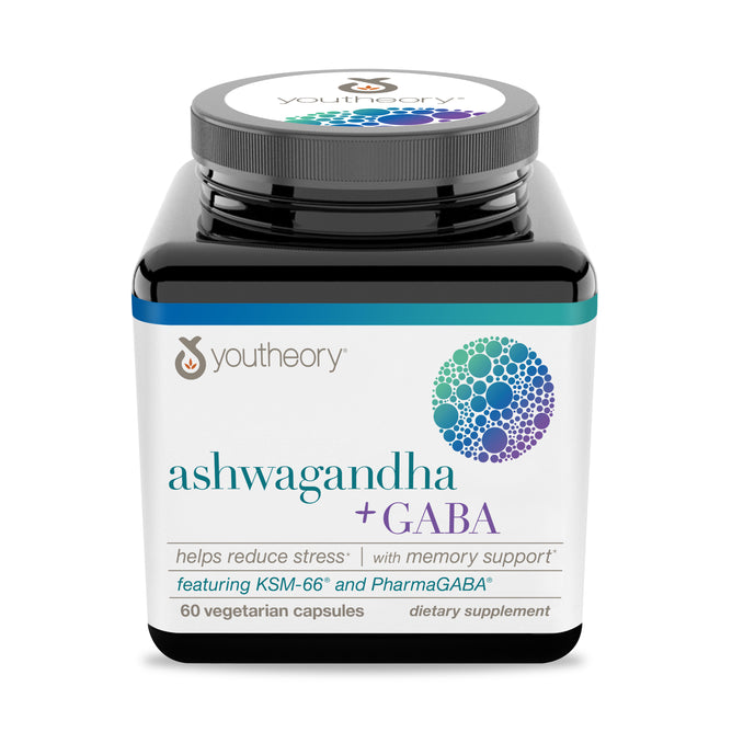 A black container of Youtheory Ashwagandha+ Gaba Capsules with a white label featuring colorful molecular graphics, containing 60 vegetarian capsules designed for stress support and memory enhancement.