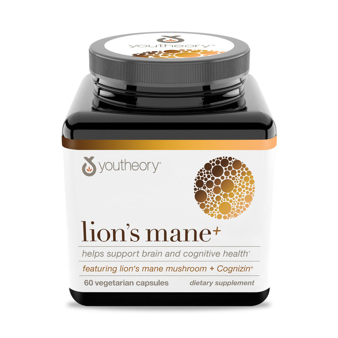 A black and white bottle of Youtheory Lion Mane+ Capsules with 60 vegetarian capsules, featuring lion’s mane mushroom and Cognizin to support brain health and mental clarity.