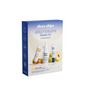 A Three Ships Jelly Drops Routine Kit box features images of three brightening skincare products and peach designs on blue and white packaging, highlighting hydration benefits with details in English and French.