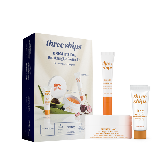 Bright Side: Brightening Eye Routine Kit by Three Ships includes a brightening eye cream, Brighter Days eye masks, and Purify serum. The box highlights key ingredients for radiant, revitalized eyes.