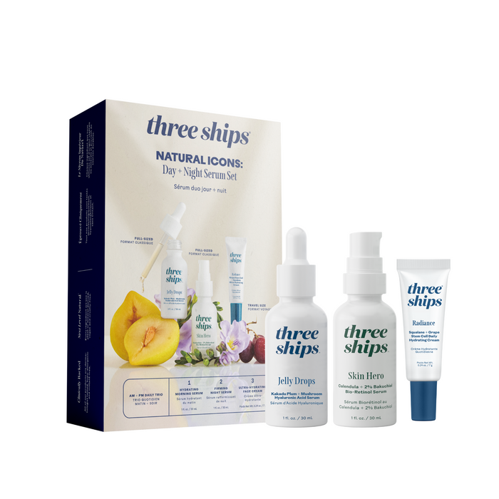 Three Ships’ Natural Icons: Day + Night Serum Set features Jelly Drops serum, Skin Hero serum, and Radiance Cream, all displayed with the set’s packaging.