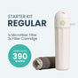 The PlanetCare 2.0 Microfiber Filter Kit by PlanetCare is a washing machine attachment with a white cylindrical unit and gray cartridge, removing microplastics for up to 390 washes. Includes 1 microfiber filter and 3 cartridges.