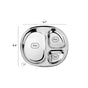 The Ahimsa Balanced Bites Divided Plate is a non-toxic stainless steel kids plate with three compartments (12oz, 4oz, 2oz), measuring 9.7" x 8.4" x 1.1"—perfect for serving balanced meals safely and easily.