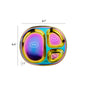 The Ahimsa Balanced Bites Divided Plate is a non-toxic, iridescent stainless steel kids plate with three compartments (12oz, 4oz, 2oz). Measures 9.7"W x 8.4"H x 1.1"D—perfect for balanced meals.