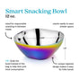 The Ahimsa Smart Snacking Bowl is a shiny, iridescent 12 oz stainless steel bowl (4.65” wide, 1.8” tall). Stackable and non-toxic, it’s tapered for small hands and ideal for kids’ snacks to help limit junk food.