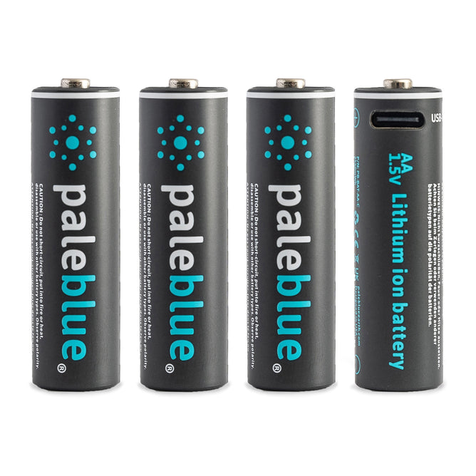 Four Paleblue AA USB-C Li-ion Rechargeable Batteries stand upright; one reveals the USB-C port, while others show the Paleblue name and battery details in blue and white on black—an eco-friendly charging solution.