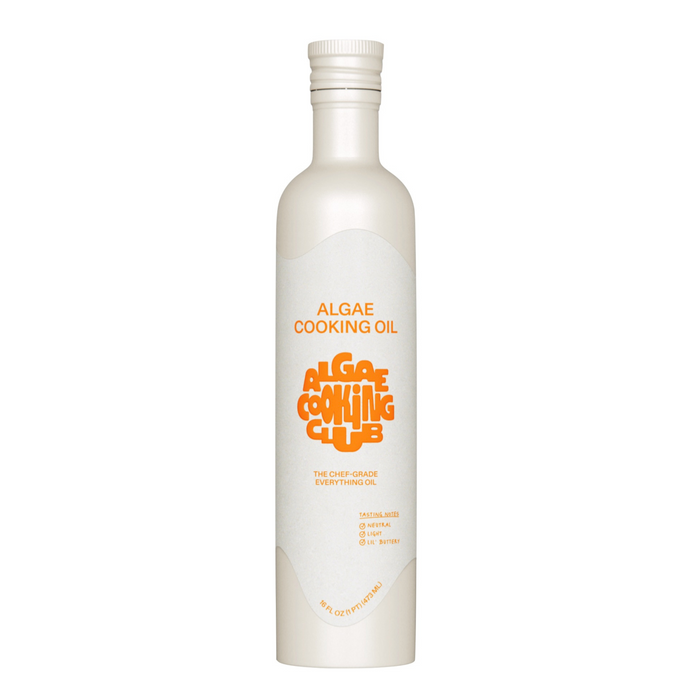 A 16 fl oz (473 ml) white bottle labeled All Purpose Oil features orange text, promoting it as a chef-grade, neutral-tasting oil with a 535-degree smoke point. The Algae Cooking Club brand highlights omega-3s, omega-9s, and 6.