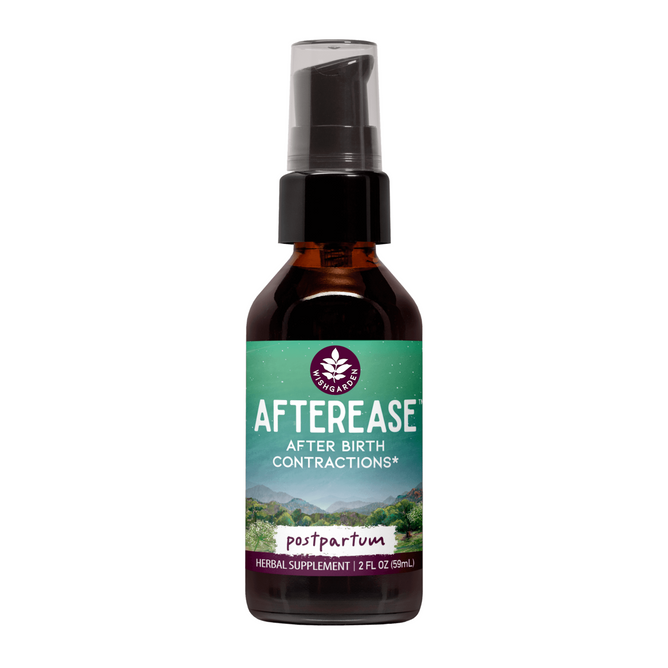 A brown glass bottle with a black pump lid labeled AfterEase - For Afterbirth Contractions herbal supplement, 2 fl oz, by WishGarden Herbs. The label shows a green landscape design for gentle postpartum recovery.