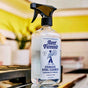 A spray bottle of Aunt Fannie’s Stainless Steel Cleaner sits on a kitchen counter against a blurred yellow and white background. The label shows a person with a flower and states it is powered by vinegar.