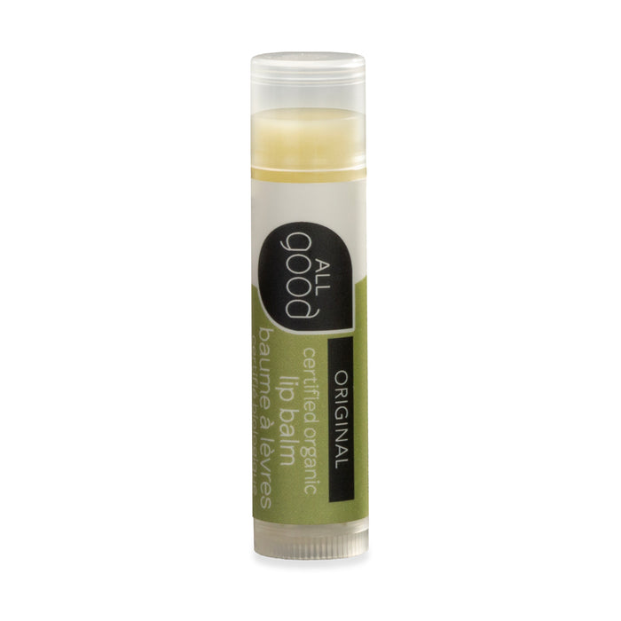 An All Good Lip Balm tube with a translucent cap designed to moisturize dry lips.